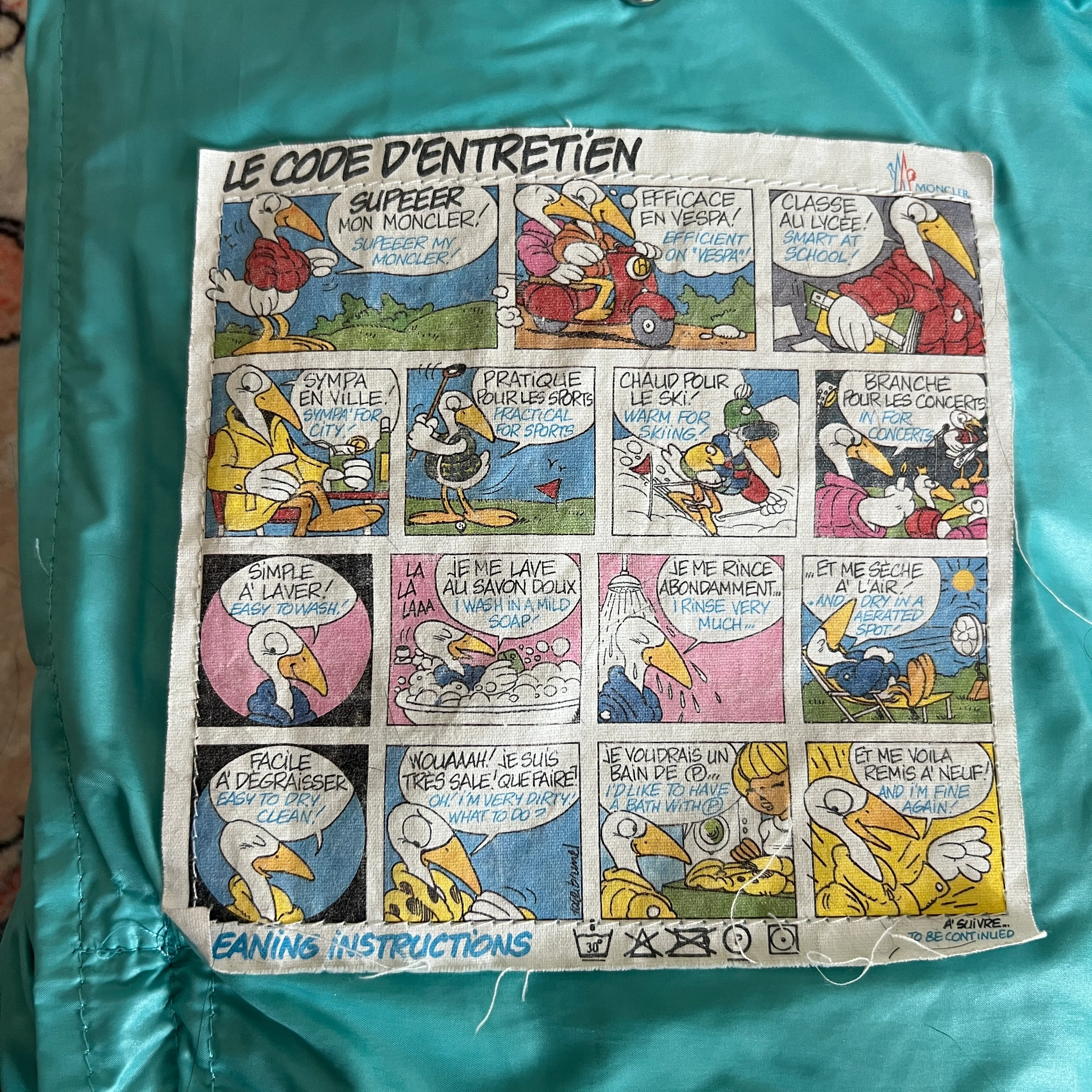 They dont make care tags like this anymore. I really enjoy the full illustrations and comic strip. Old Moncler is the goat.